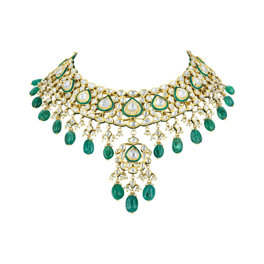 Polki Necklace with Green Enamel and Emerald Maniyas Beads